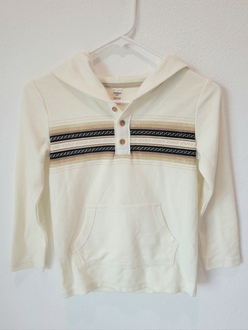 OshKosh B’gosh Boys 10 Cream Baja Hoodie‎ Henley Stripe Pocket Lightweight Cozy